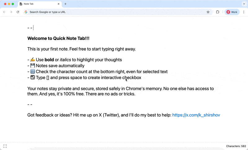 User typing notes in Quick Note Tab Chrome extension