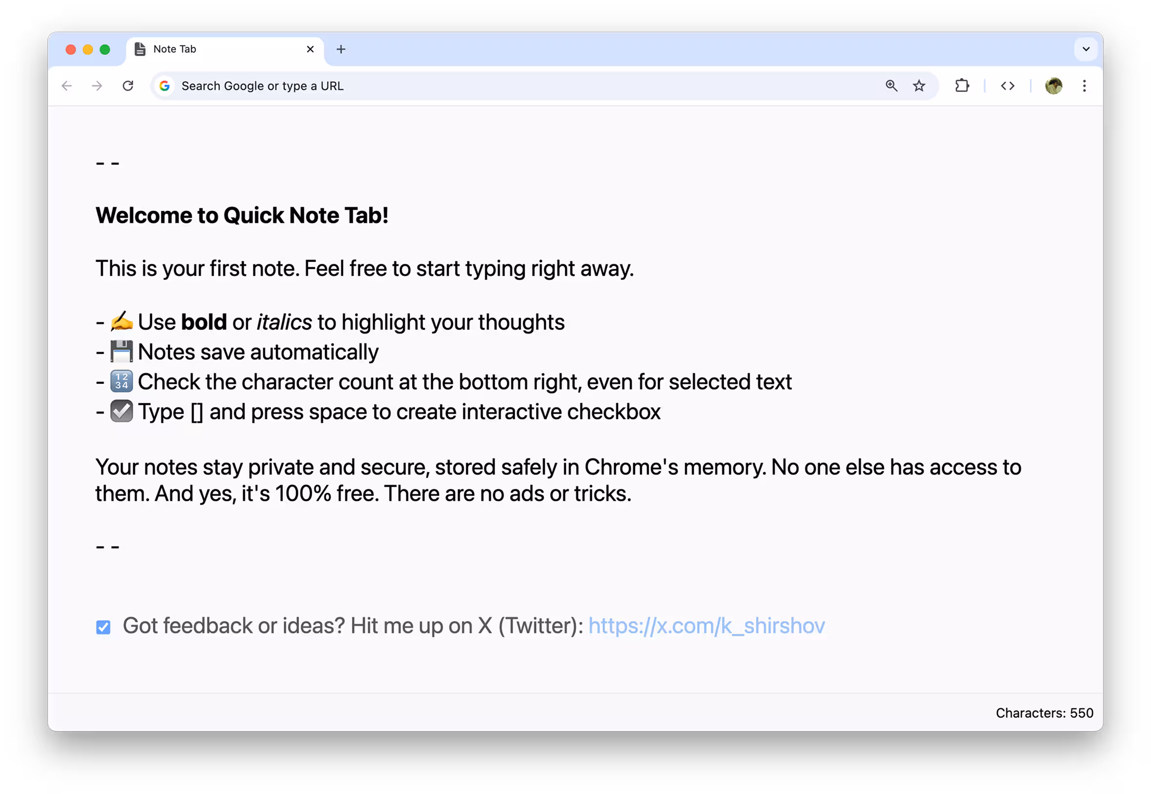 Captura de pantalla de la interfaz de usuario de la extensión Quick Note Tab para Chrome, mostrando la interfaz minimalista del bloc de notas en nueva pestaña para crear notas y listas de tareas.